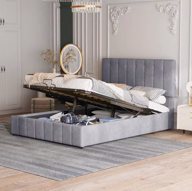 Letto imbottito 140x200 cm grigio in velluto, vano contenitore con alzata idraulica