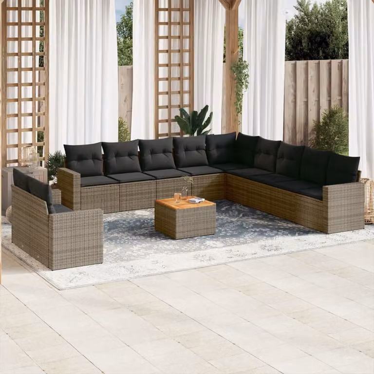 vidaXL Set di Divani da Giardino a Forma di U in Polyrattan Grigio con 12 Pezzi e Cuscini