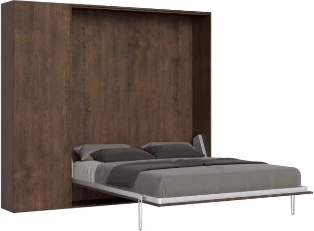 Letto a scomparsa verticale Kentaro Itamoby con colonna e scomparti laterali, colore noce e faggio, L/P/H: 160 x 200 x 233,6 cm