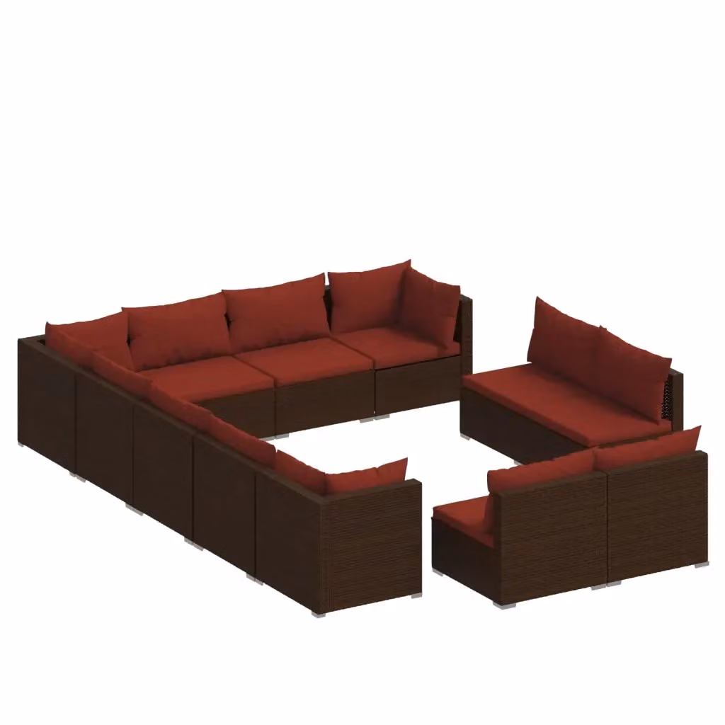 Set di divani da giardino a forma di U vidaXL con cuscini marroni e rossi in rattan e struttura in metallo per terrazzo o balcone – 2