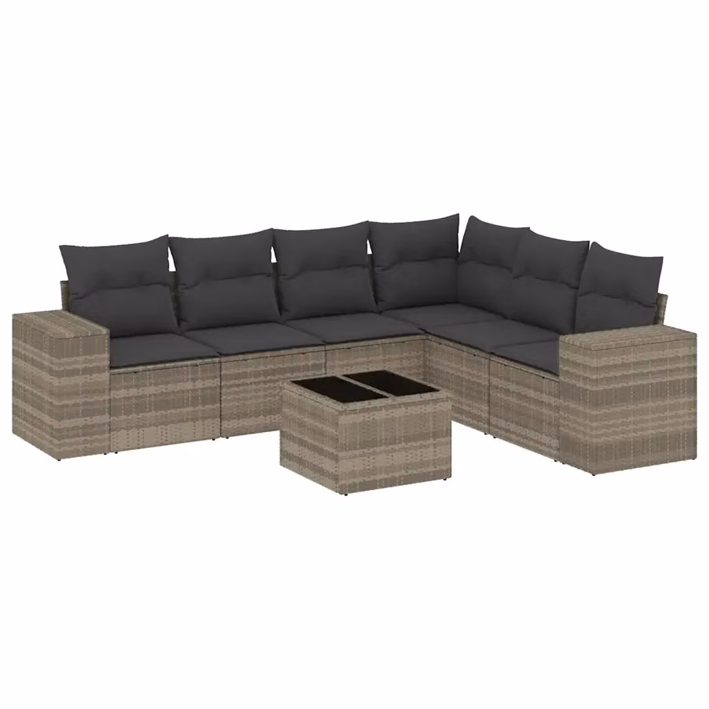 Set da giardino moderno vidaXL composto da 7 pezzi con divano a L, poltrone, tavolino da caffè e cuscini grigi in rattan e metallo – 2
