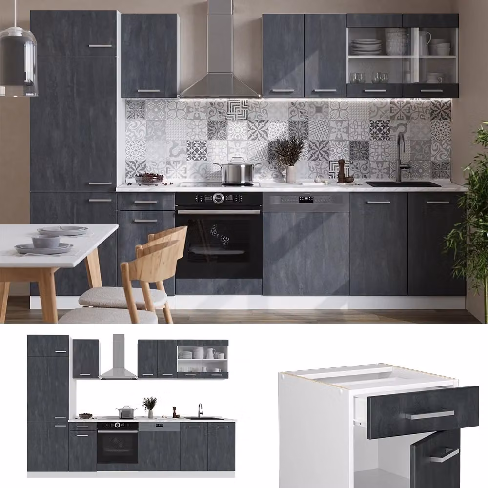 Cucina componibile moderna R-Line Vicco, colore nero, bianco e grigio, L: 300 cm – 2