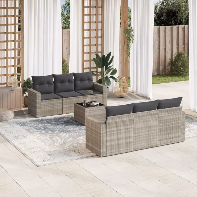 vidaXL Set Divani da Giardino 7pz in Polyrattan con Cuscini Grigio Chiaro e Tavolino da Esterno