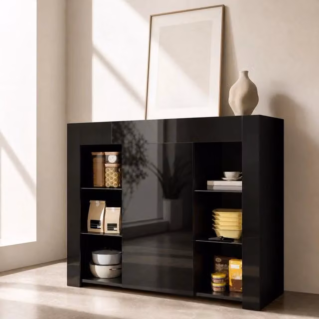 Credenza moderna nera con frontale lucido in MDF e ripiani in vetro trasparente per il tuo soggiorno