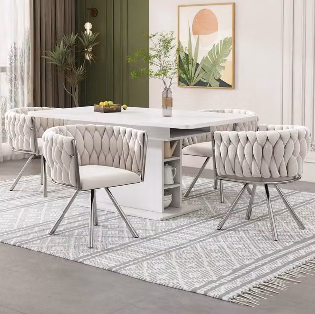 Set di 4 sedie da pranzo girevoli a 360° in velluto beige con struttura in metallo argento