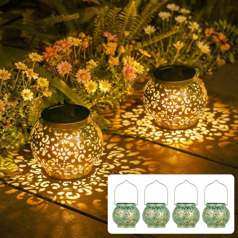 4 luci solari, stile orientale, da appendere o da posizionare a terra, 15 lumen, luce bianco caldo, grado di protezione IP65