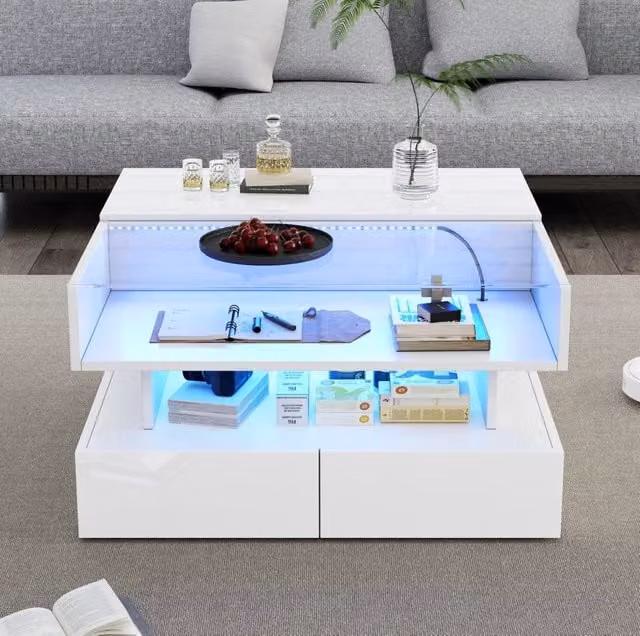 Tavolino da Salotto Quadrato 80x80x45 cm con Piano Sollevabile, 2 Cassetti, LED Integrate e Ripiani in Vetro Temperato Bianco Lucido