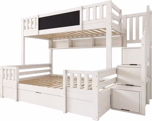 Letto a castello in legno massello bianco per 3 bambini con scala armadio, lavagna e cassetti, 90x200 cm + 140x200 cm