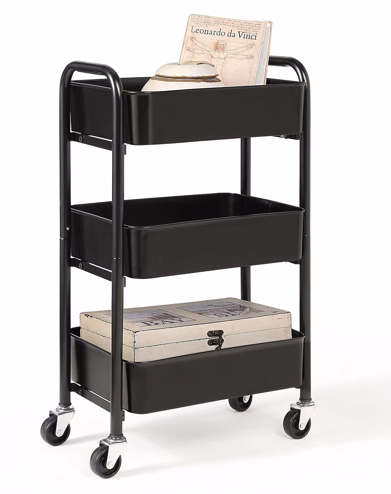 Carrello portaoggetti a 3 ripiani, 15,5" x 26" x 10,3", in metallo, colore nero, per l'ufficio