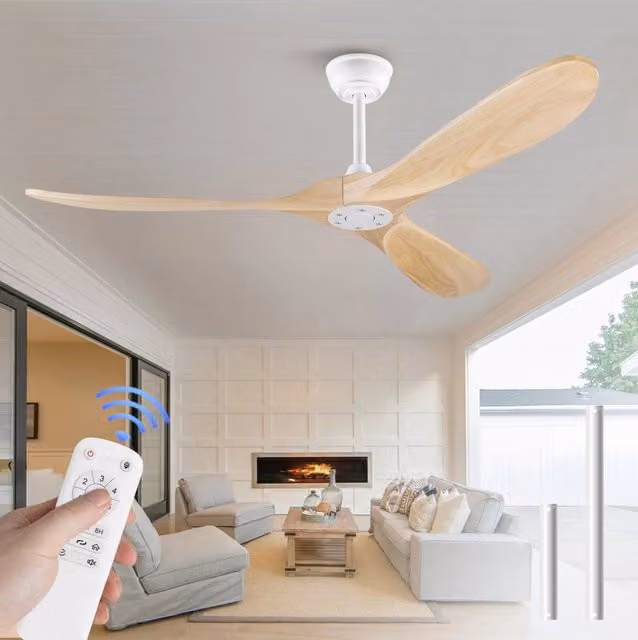 Ventilatore da soffitto senza luce con 6 velocità; metallo e legno; bianco e naturale