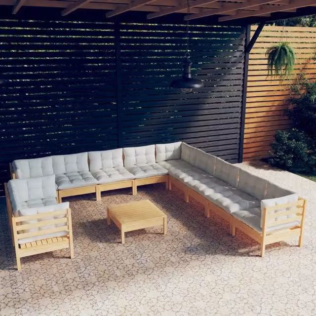 Set di Divani da Giardino vidaXL a Forma di U in Legno di Pino con Cuscini Beige 12 Pezzi