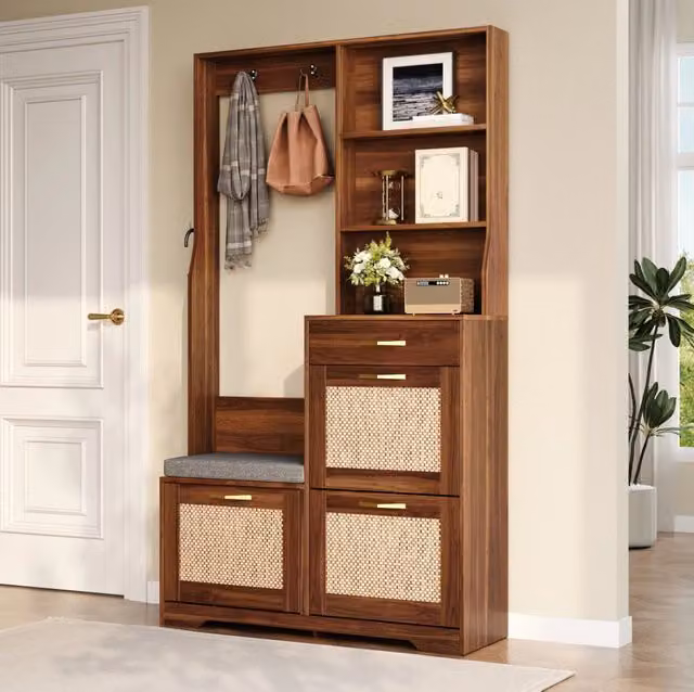 Mobile ingresso portascarpe 100x30x170 cm in MDF marrone con panca salvaspazio –