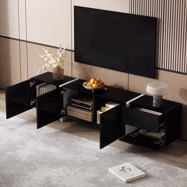 Mobile TV con 3 ante; cassetto; anta a ribalta e passacavi; frontali lucidi nero bianco 170 × 30 × 39 cm