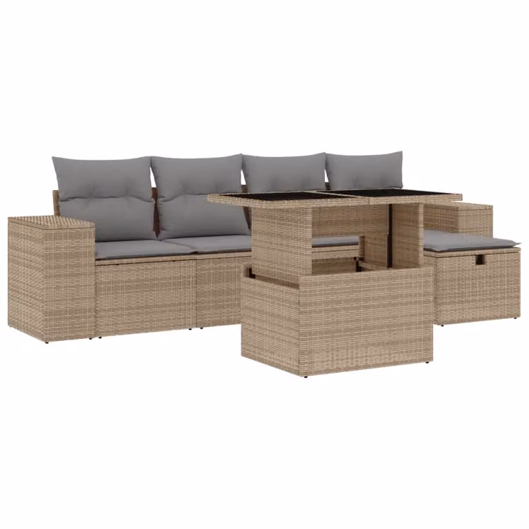 Set Divano da Giardino 6 pz con Cuscini Beige in Polyrattan