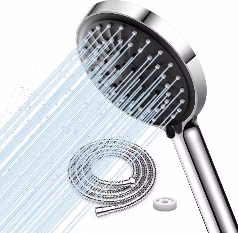 Soffione cromato con tubo flessibile in acciaio inox e salva-acqua