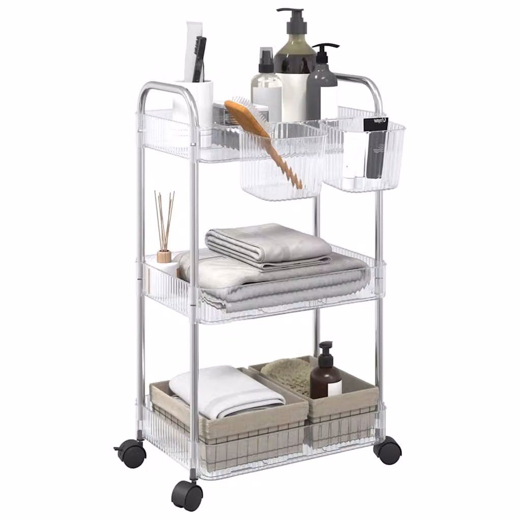 Carrello portaoggetti a 3 livelli vidaXL in acrilico trasparente con dettagli argento, L 37 cm x P 28 cm x H 68 cm