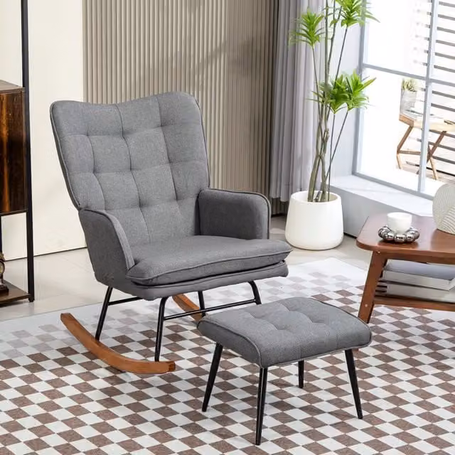 Set di 2 poltrone a dondolo REDOM con poggiapiedi integrato, tessuto grigio scuro, design moderno per soggiorno, L: 64 cm, P: 89 cm, H: 90 cm – 1