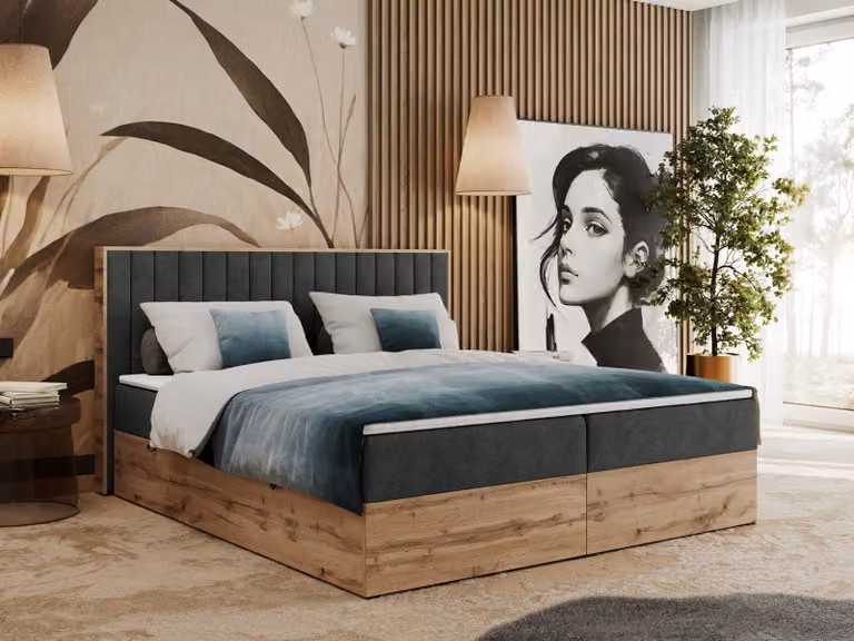 Letto boxspring, due cassetti portaoggetti, set completo con materasso e coprimaterasso - Albero-4 - 200x200 cm - Grigio scuro testurizzato - H4
