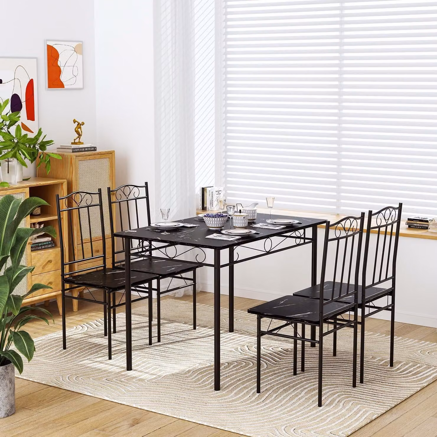 Tavolo da pranzo con 4 sedie, set da 5 pezzi, legno e metallo, dimensioni 109 x 69 cm, stile industriale, aspetto marmo, colore nero