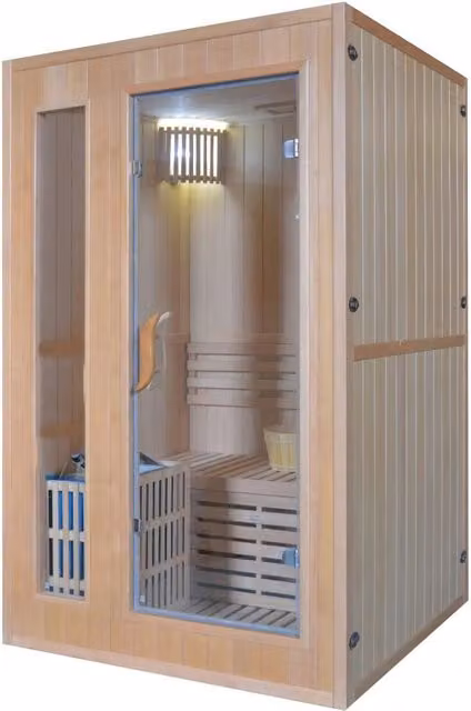 Sauna finlandese tradizionale Sawo in legno di Hemlock marrone per 2 persone L: 120 cm, P: 110 cm, H: 190 cm