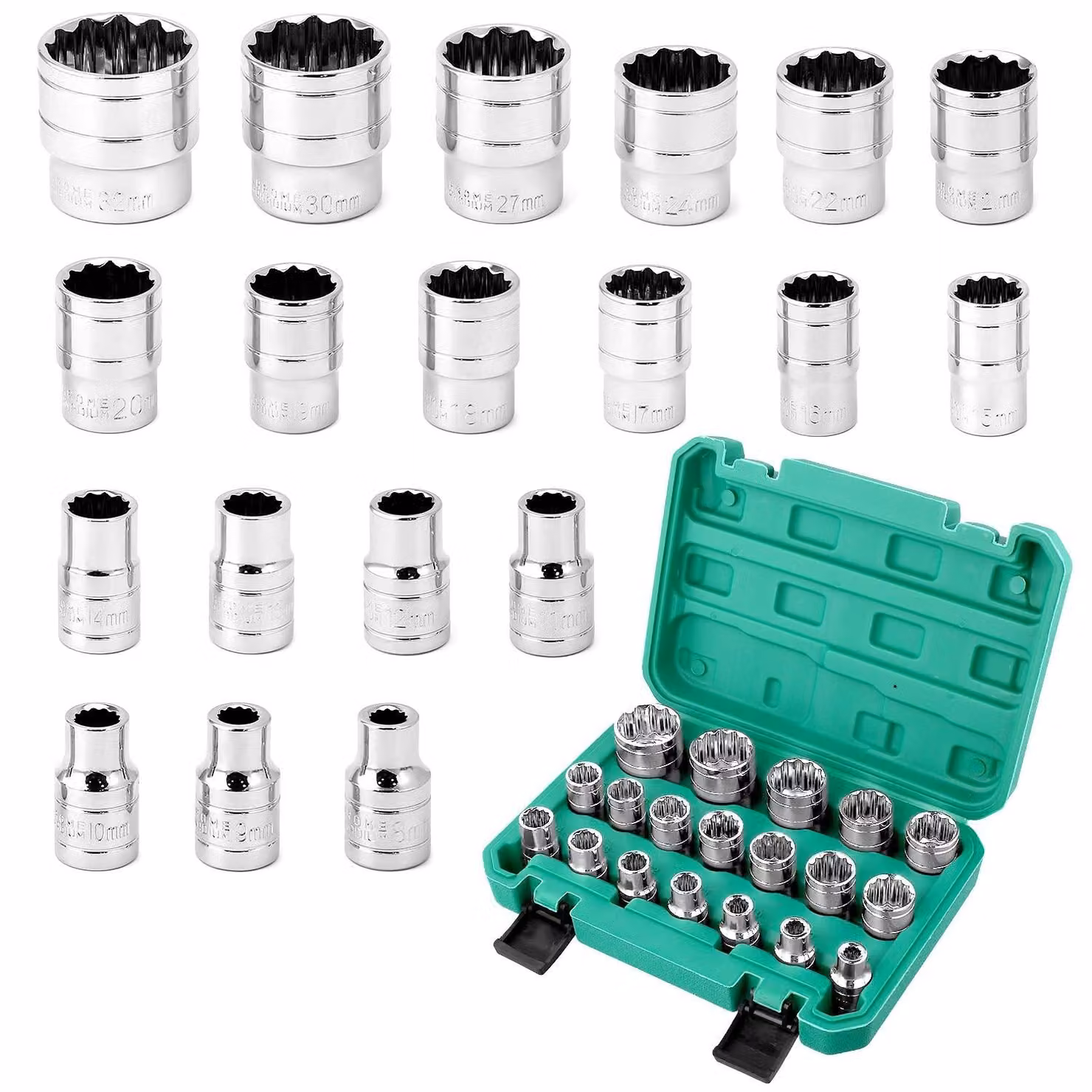 Set di 19 chiavi a bussola da 1/2" con inserti a 12 lati