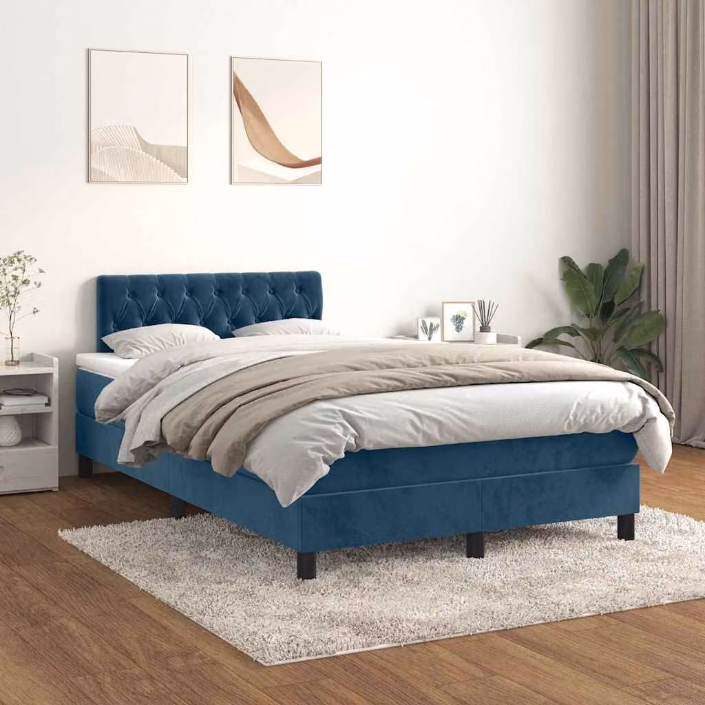 vidaXL Giroletto a Molle con Materasso Ibrido in Velluto Blu e Bianco L/P/H: 120 x 200 cm – 1