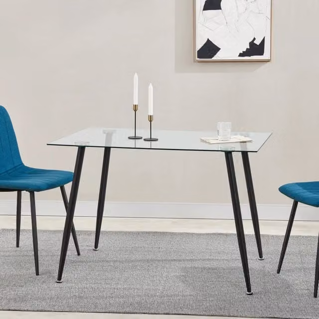 Tavolo da Pranzo Hyrynsalmi en.casa con Piano Rettangolare in Vetro Trasparente e Gambe in Acciaio Nero L: 110 cm, P: 70 cm, H: 75 cm