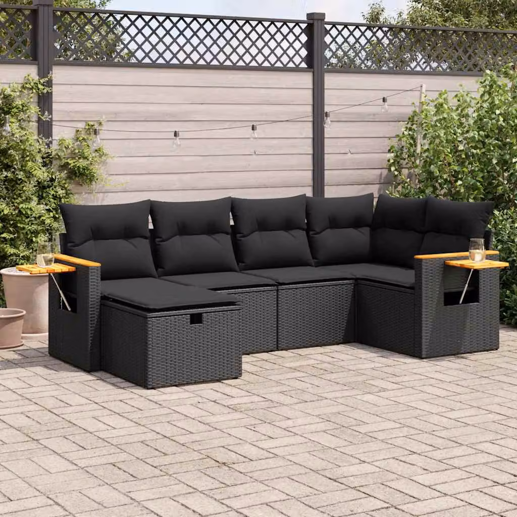 Set Divano da Giardino a L vidaXL 6 pz con Cuscini e Ottoman, Colore Nero, Struttura in Metallo e Legno di Acacia