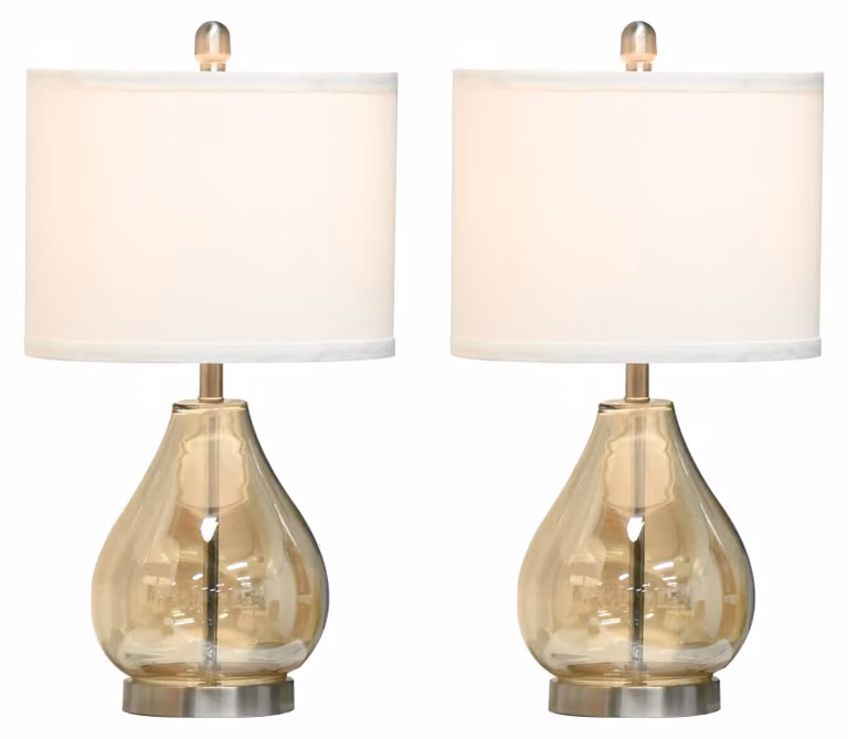 Lampade da tavolo Moonbite, set da 2, lampade da comodino con steli in vetro ambrato e paralume in lino, attacco E27 fino a 40W, cavo da 1,6 metri, dimensioni Ø30 × 56 cm, materiali: acciaio e vetro, paralume in lino