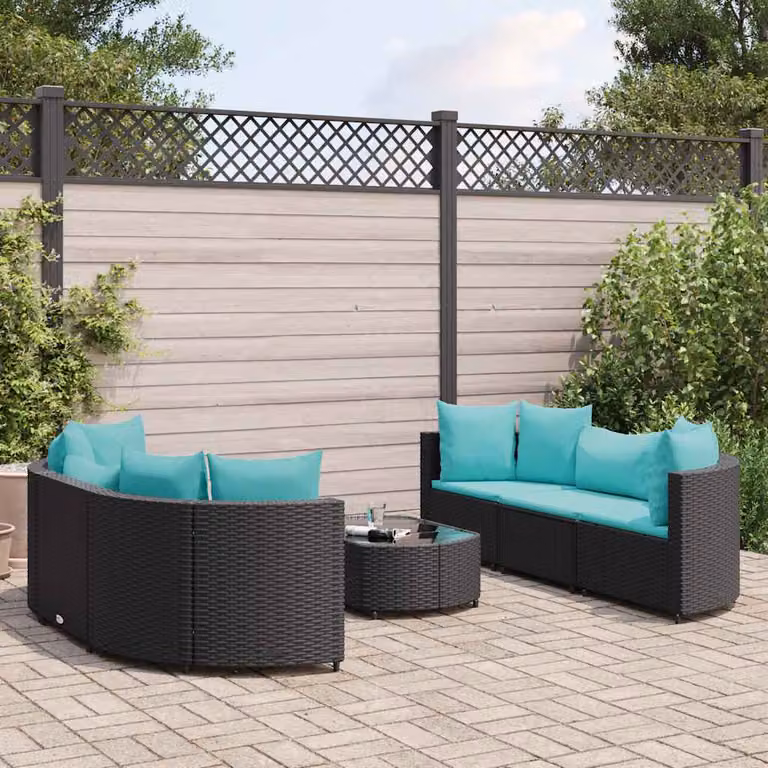 Set Divani da Giardino vidaXL a Forma di L con Cuscini e Tavolino, Struttura in Metallo e Polyrattan, Colore Nero e Blu