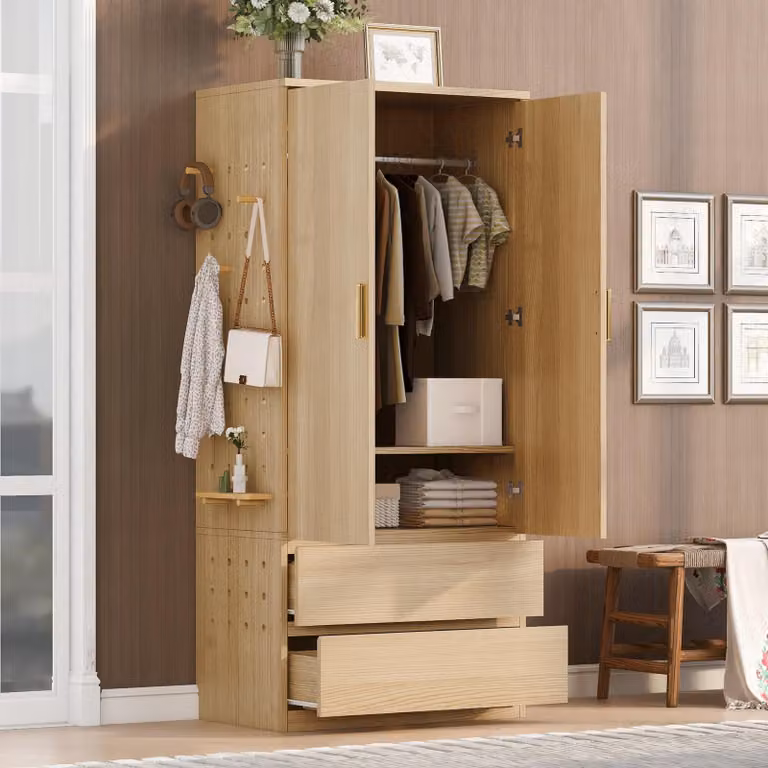 Armadio con cassetti e porta, appendiabiti con pannello forato e barra appendiabiti, mobile alto con vani portaoggetti, dimensioni 70x50x170 cm, colore naturale, materiale: MDF + pannello di fibra a media densità