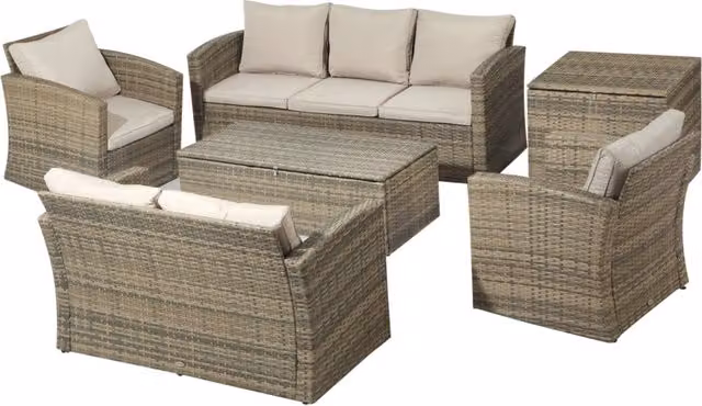 Set da Giardino Moderno DESIGN IN in Rattan Beige con Divano a 2 Posti, Poltrone, Tavolino e Cuscini con Contenitore