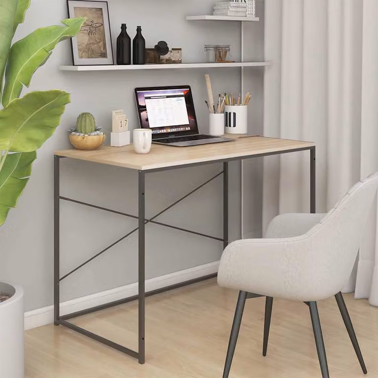 Scrivania Computer vidaXL in Legno e Metallo, Stile Industriale, Colore Nero e Rovere, L 110 x P 60 x H 70 cm