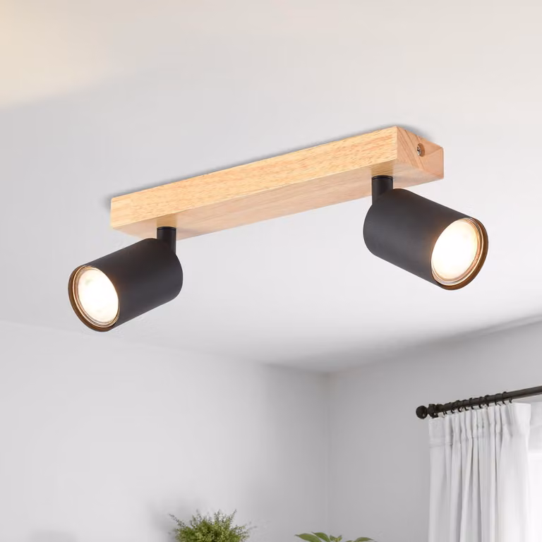 LVWIT Plafoniera LED a 2 luci, moderna lampada da soffitto orientabile, plafoniera con diffusori in legno nero, lampada da soffitto GU10 con faretti per cucina, camera da letto e soggiorno (senza lampadine)
