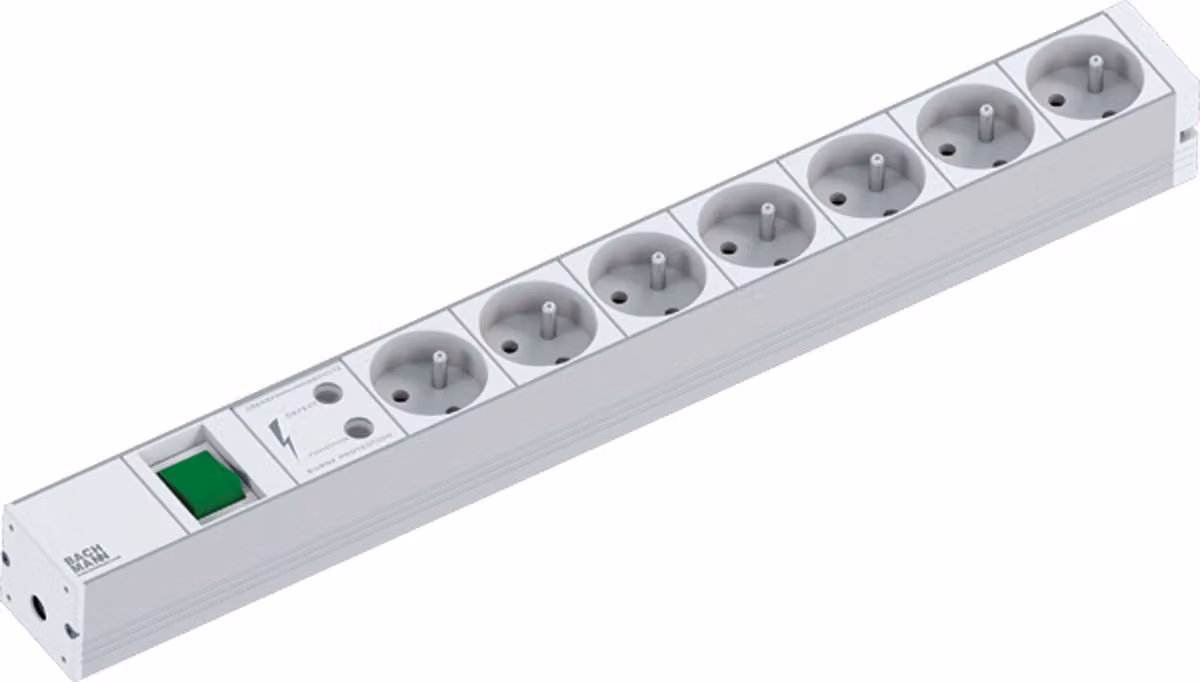 BACHMANN 19" socket strip 1U 7xUTE 1xswitch 1xSPD, 2 m