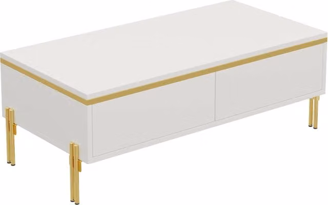 Tavolino da salotto in truciolato bianco lucido con cassetti nascosti 100x50x36 cm