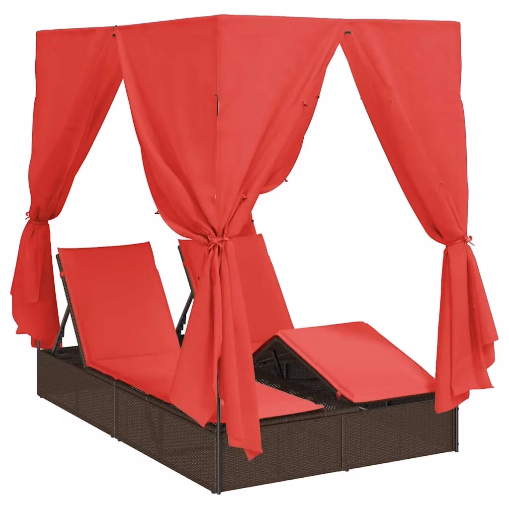 vidaXL Lettino da sole doppio in polyrattan rosso con parasole e poggiatesta regolabile L/P/H: 205 x 129 x 200 cm – 2