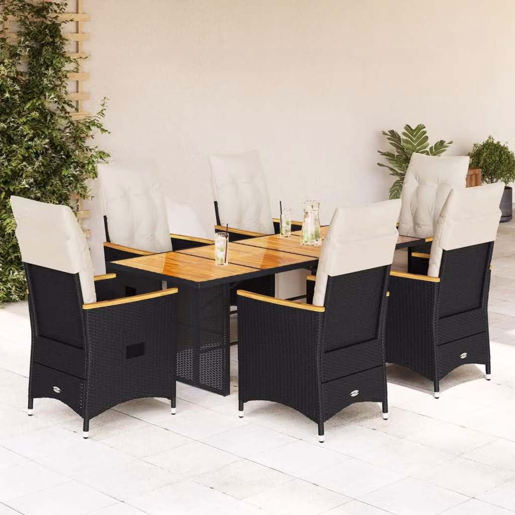 Set da Bistrò da Giardino vidaXL 7 pz in Polyrattan e Legno di Acacia Nero e Bianco – 1