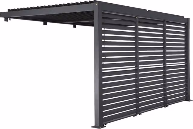 Pergola bioclimatica addossata SWEEEK in alluminio color antracite, L: 4 m, P: 3 m, con 3 persiane da 130 cm