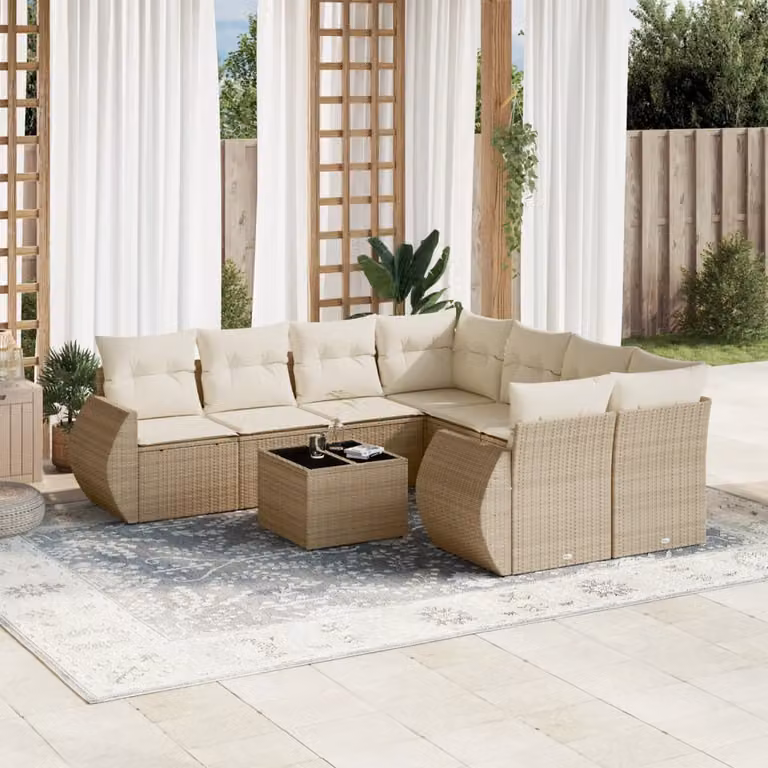 vidaXL Set Divano da Giardino a L 9 pz con Cuscini Beige e Tavolino in Polyrattan e Metallo