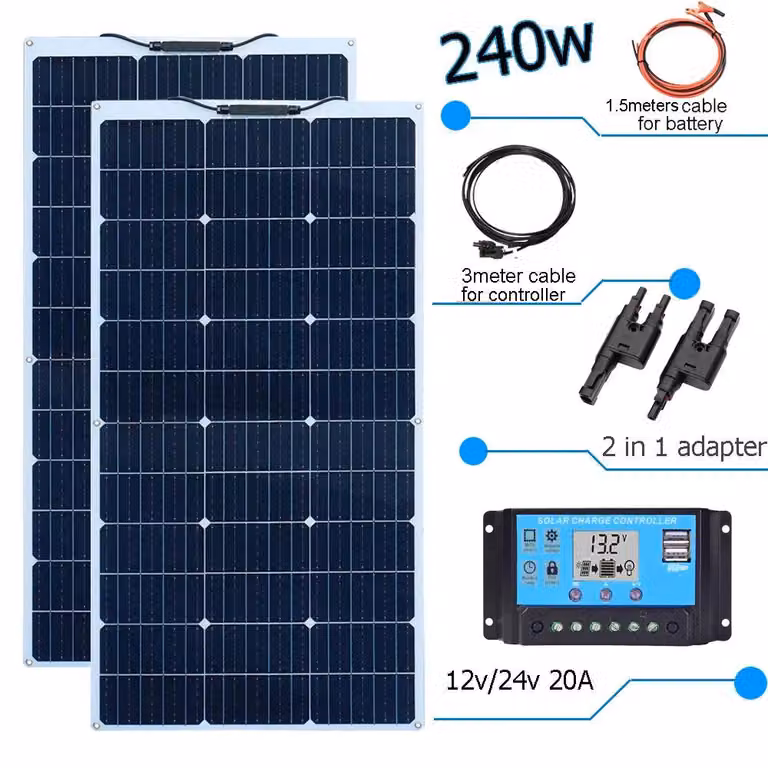 Kit di pannelli solari da 240W con regolatore a 12V - Sistema fotovoltaico impermeabile per camper, barche e giardini