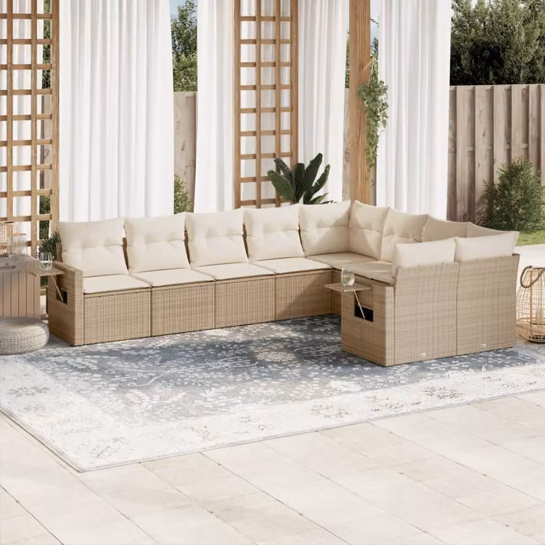 vidaXL Set Divano da Giardino a L 9 pz con Cuscini Beige in Polyrattan e Acciaio