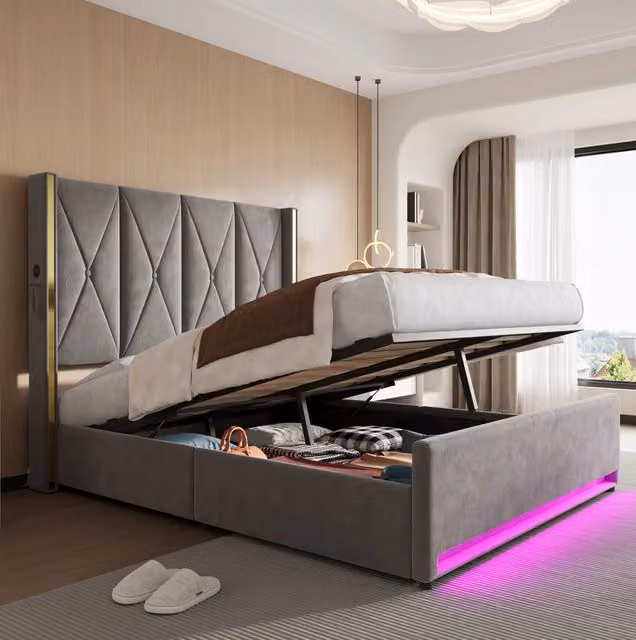Letto contenitore 160x200 cm con testiera alta; USB; LED e tasche laterali in velluto grigio scuro