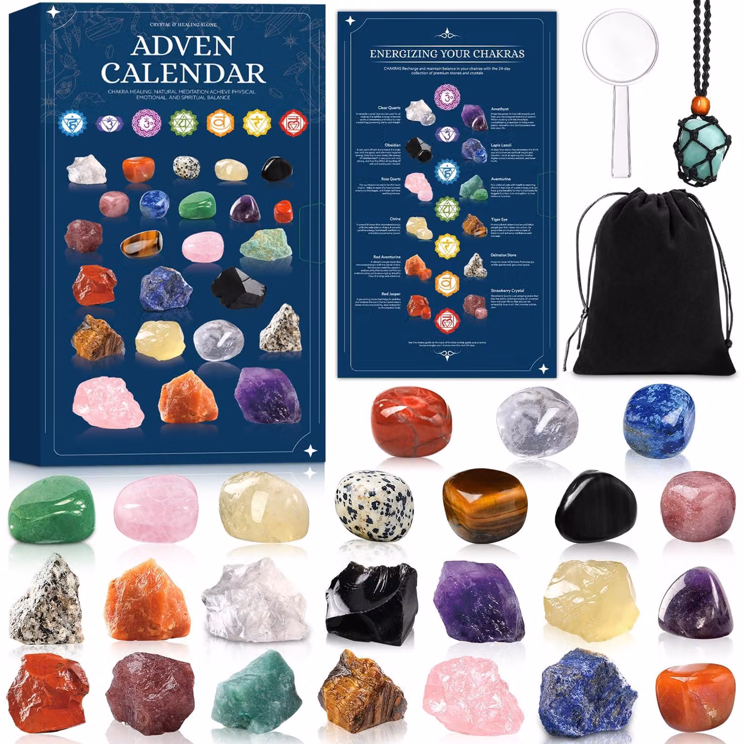 Calendario dell'Avvento con 24 pietre preziose, cristalli e pietre per i chakra