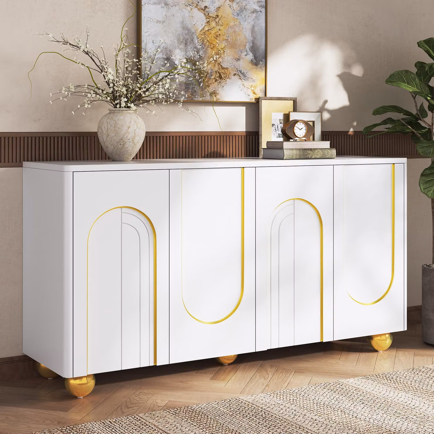 Mobile contenitore laterale Merax con 4 ante e decorazioni a motivi dorati ad arco, cassettiera con piedi sferici in metallo, mobile da soggiorno in MDF con ripiani interni, colore bianco