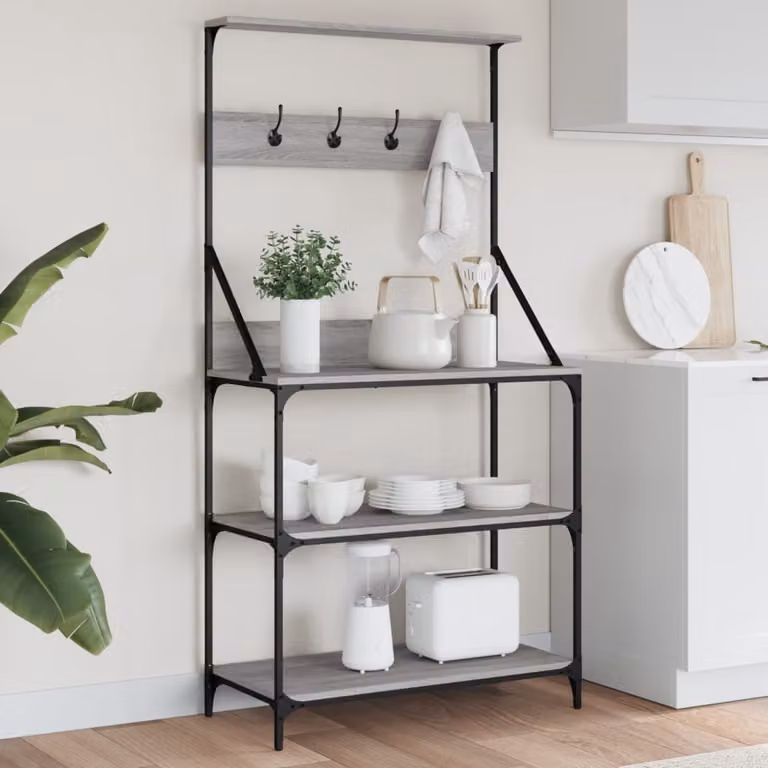Scaffale da cucina vidaXL con 4 ripiani e ganci, stile industriale in legno e metallo, Grigio, H: 170,0 cm, L: 40,5 cm, P: 40,5 cm