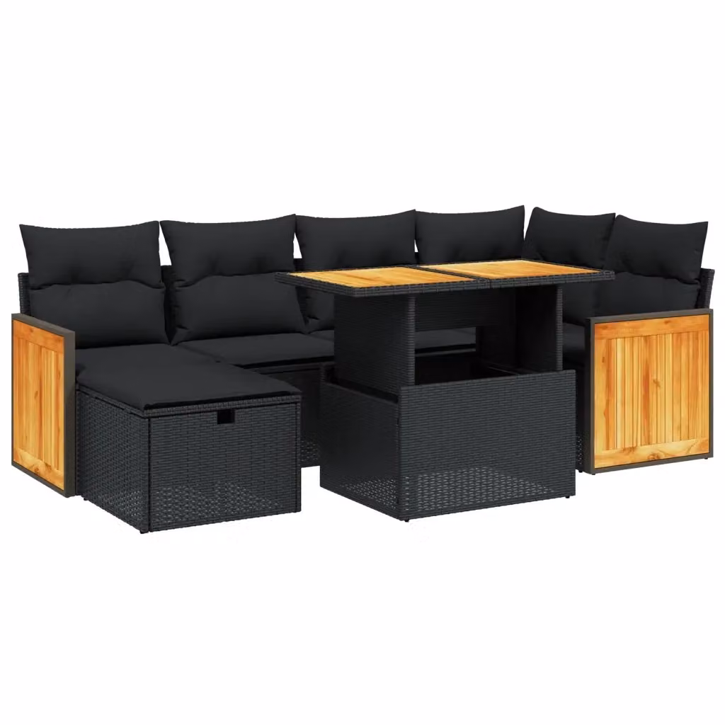 vidaXL Set Divani da Giardino a L con Cuscini 7pz Nero Polyrattan e Tavolino da Esterno – 2
