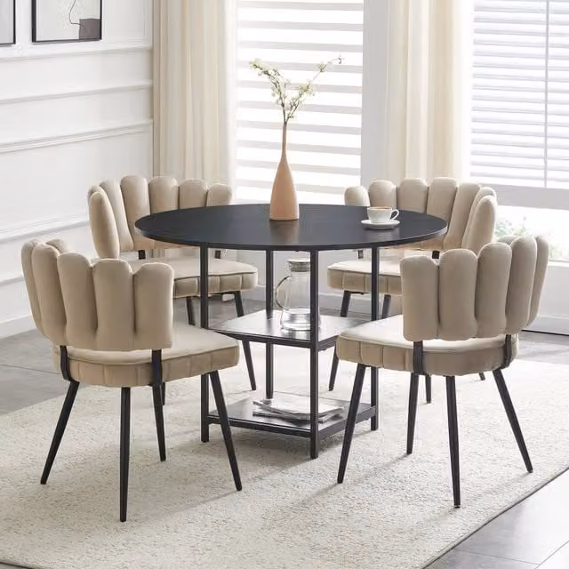 Set tavolo e sedie con tavolo rotondo e 4 sedie imbottite con ripiani, in MDF metallo e tessuto nero marrone chiaro