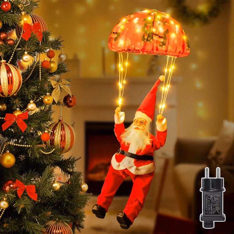 Catena luminosa con decorazione a forma di Babbo Natale con paracadute, 120 LED, luce bianco caldo, 8 modalità, timer
