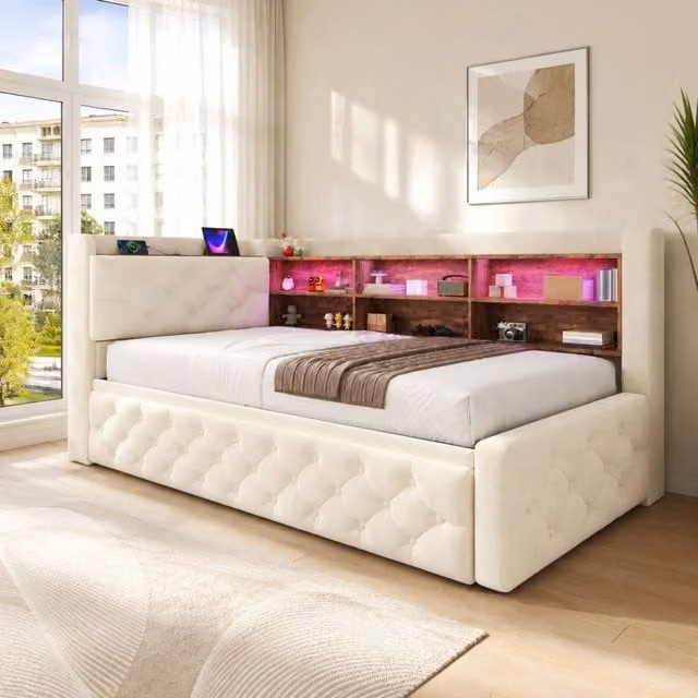 Letto divano estraibile 90 × 190 cm 1 posto con LED, USB, Type-C e vano nel bracciolo, senza materasso, velluto, beige